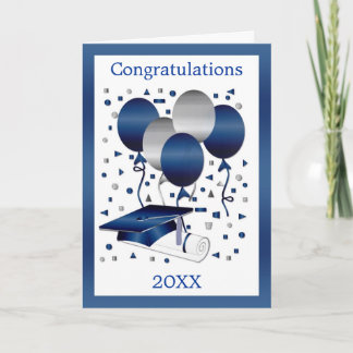 Carte Ballons bleu argent, mortier et diplôme Graduatio