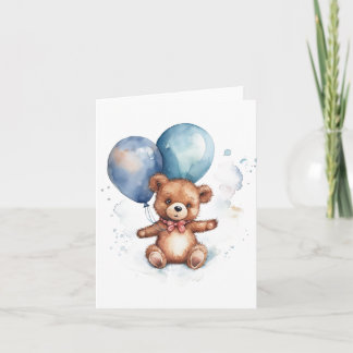 Carte Ballons Bleus Aquarelle Ours en Peluche Brun
