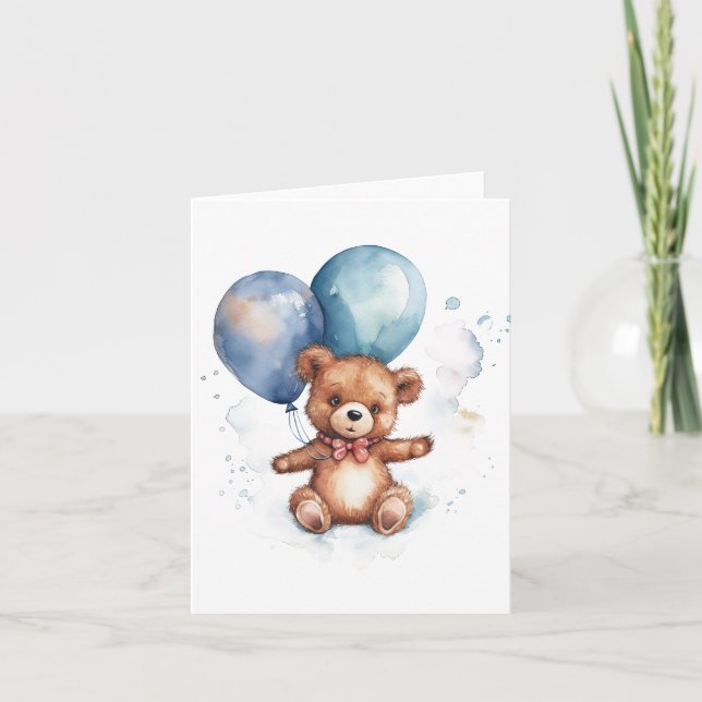 Carte Ballons bleus aquarelle Ours en peluche marron (Devant)