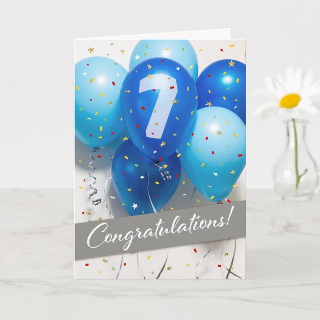 Carte Ballons bleus du 7e anniversaire de l'employ (Petite plante)