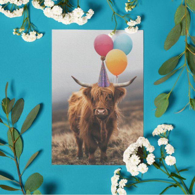 Carte Ballons d'anniversaire de la vache de Highland (Créateur téléchargé)