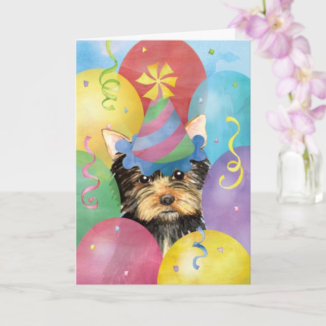 Carte Ballons d'anniversaire Yorkie (Orchidée)