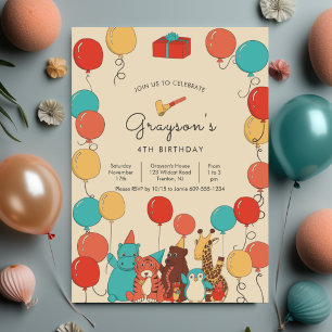 Carte Ballons et Animaux Fête d'Anniversaire Moderne pou