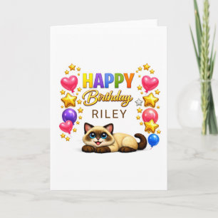 Carte Ballons et Étoiles de Chat Siamois Joyeux Annivers