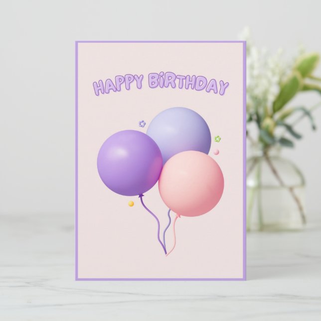 Carte Ballons mignons violets roses Joyeux anniversaire (Debout devant)