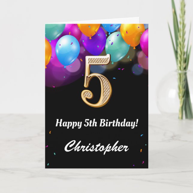 Carte Ballons noir et or 5e anniversaire (Devant)
