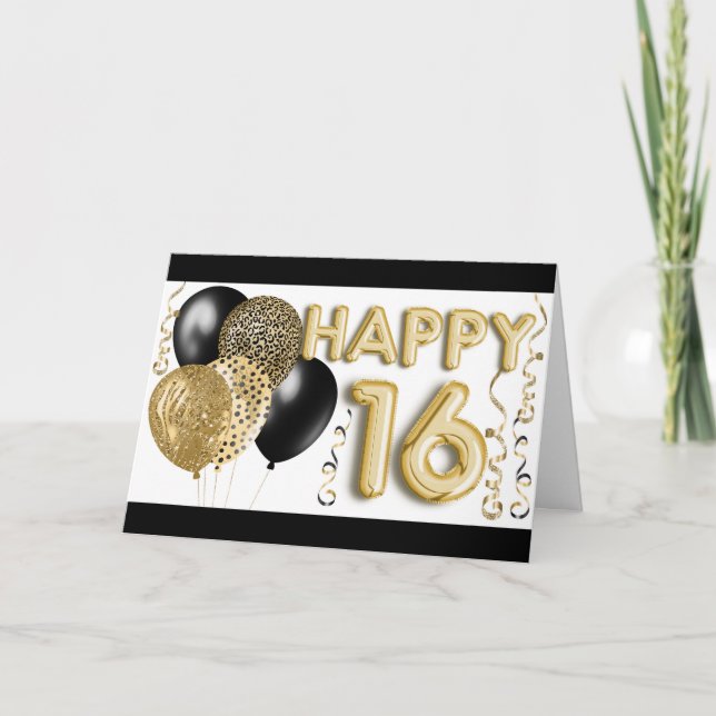 Carte Ballons posters de animaux et or Joyeux 16e annive (Devant)