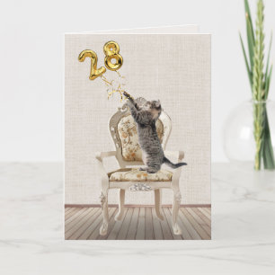 Carte Ballons pour 28e anniversaire et chat tigré