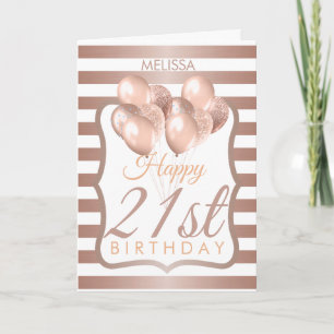 Carte Ballons Roses en or rayés 21e anniversaire