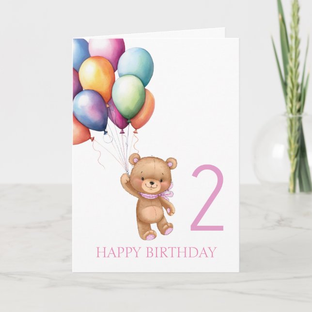 Carte Ballons Teddy Pink 2e anniversaire (Devant)