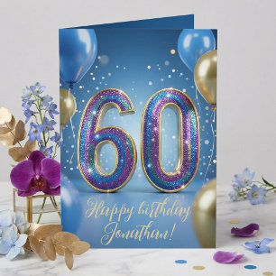 Carte Balloons élégants bleus dorés pailletés 60ème Anni