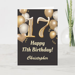 Carte Balloons et confettis noirs et or pour 17e anniver