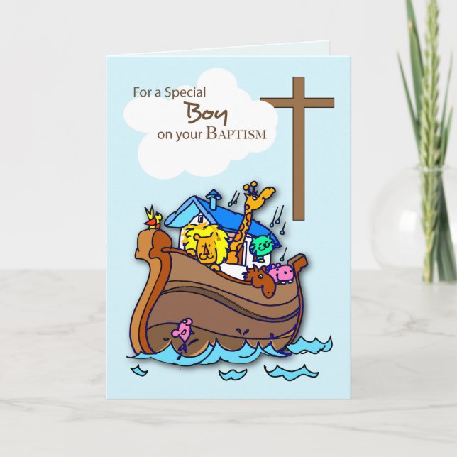 Carte Baptême Arche du garçon Noah, mignons animaux (Devant)