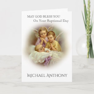 Carte Baptême Bébé avec des Anges priant Catholique