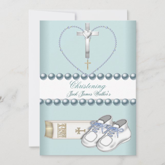 Carte Baptême Christening Boy Rose Blanc Bleu (Devant)