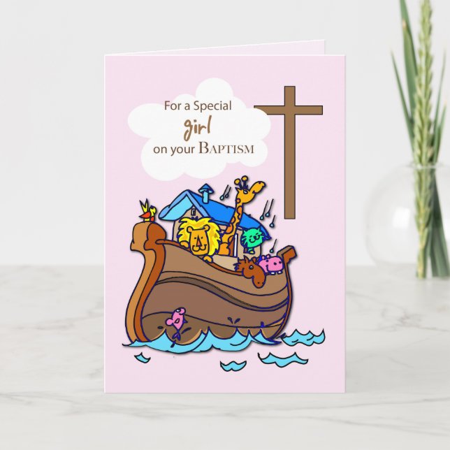 Carte Baptême d'arche de la fille Noah, mignons animaux (Devant)