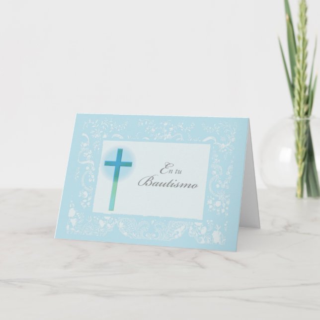 Carte Baptême en dentelle bleue pour garçon, espagnol (Devant)