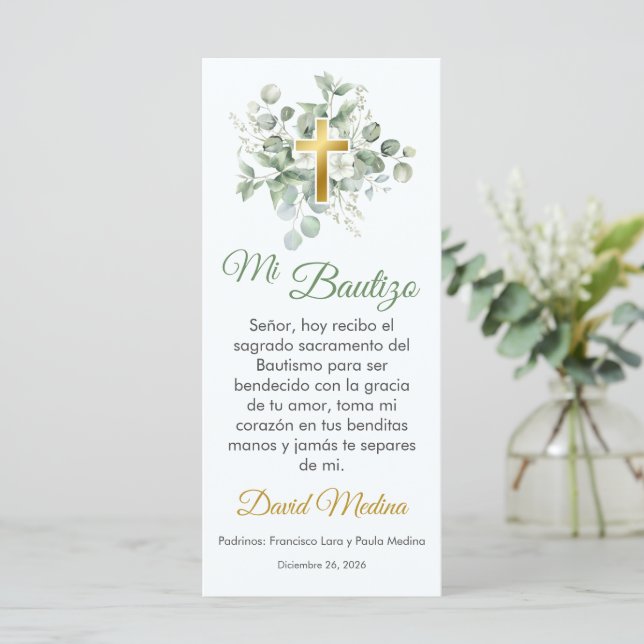 Carte Baptême Favoriser Aquarelle Vert Feuille Signet (Debout devant)