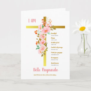Carte Baptême fille rose et rouge Fleurs sur Crucifix