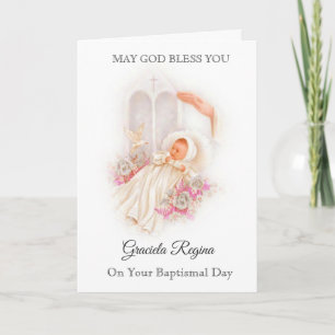 Carte Baptême Fille Roses Croix Bénédiction