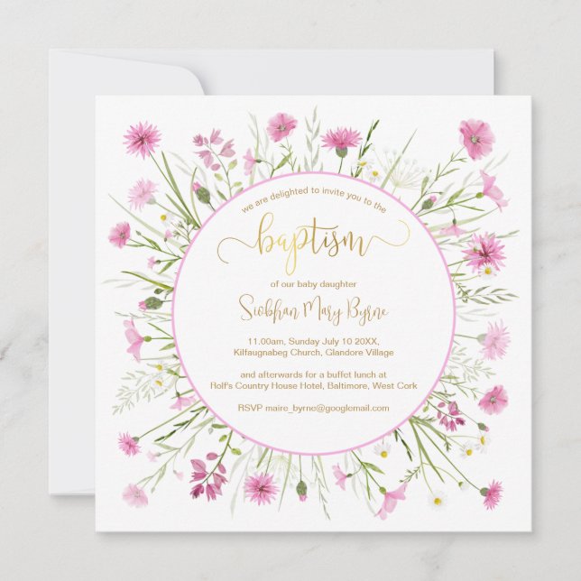 Carte Baptême Fleur sauvage rose Police Or (Devant)