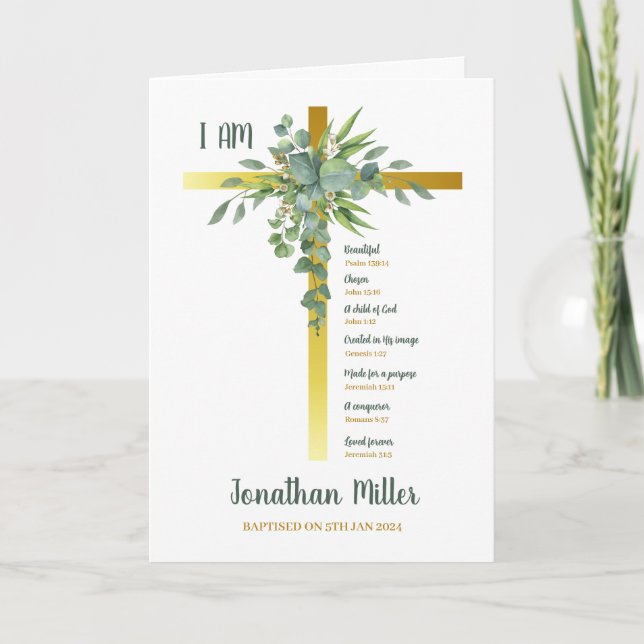 Carte Baptême Garçon Eucalyptus Feuilles sur Crucifix (Devant)