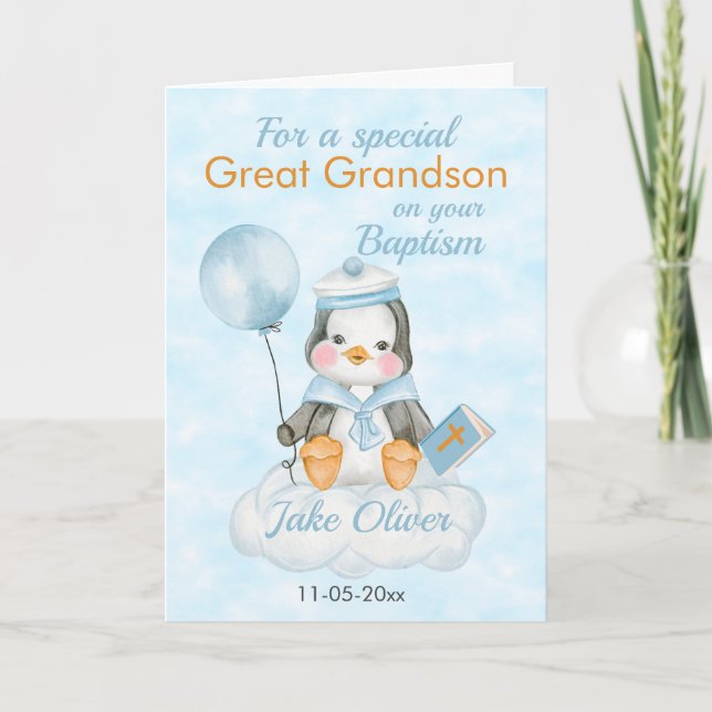Carte Baptême Grand-Fils Bleu Pingouin (Devant)