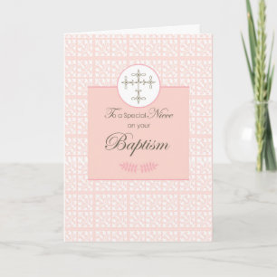 Carte Baptême nièce rose avec dentelle et croix