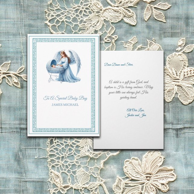 Carte Baptême personnalisable avec ange et bébé garçon (Créateur téléchargé)