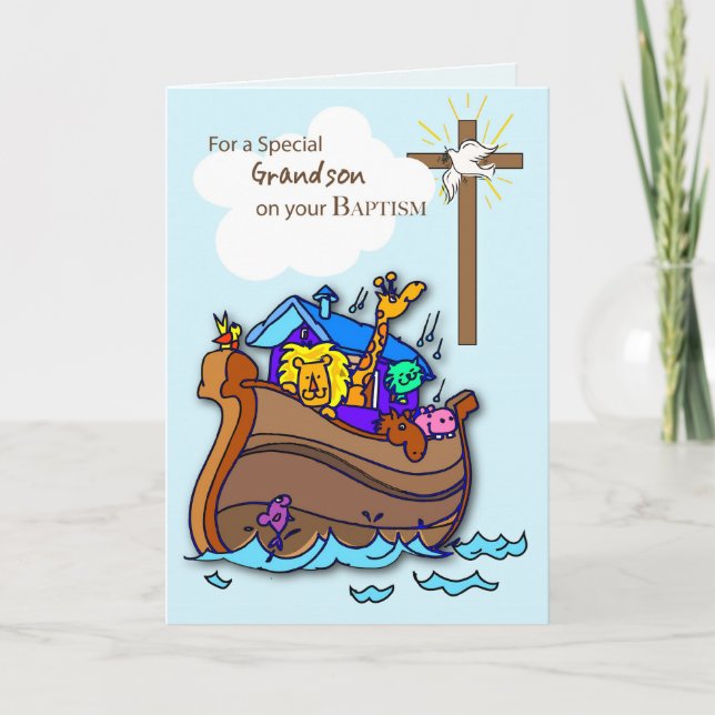 Carte Baptême Petit-fils avec Arche de Noé, Bleu (Devant)