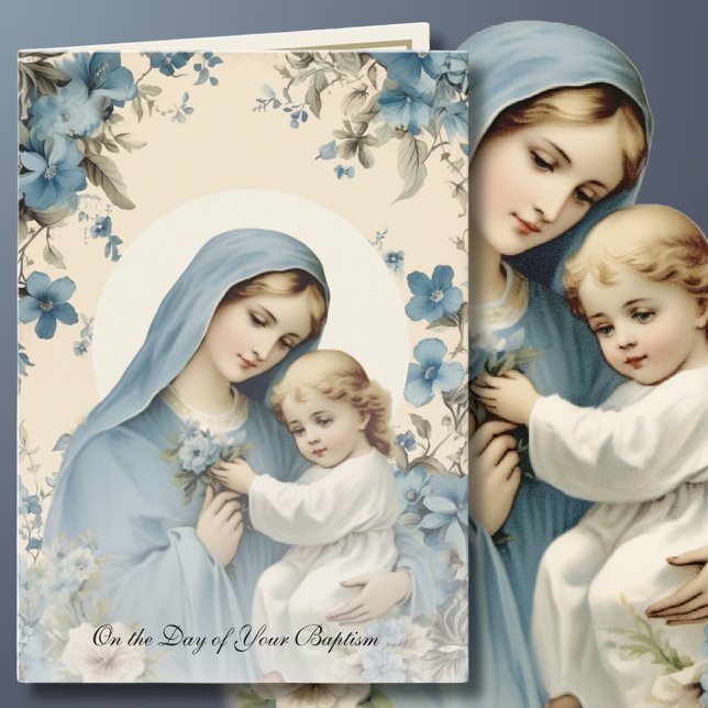 Carte Baptême Pour Bébé Bienheureux Mary Bleu Floral (Créateur téléchargé)