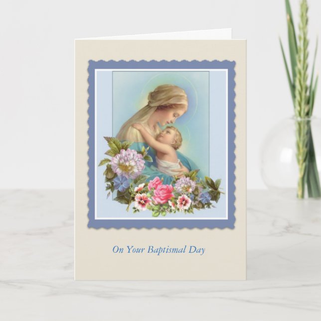 Carte BAPTISME Vierge Marie Bébé Roses Bénédiction (Devant)