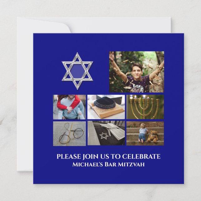 Carte Bar Mitzvah star David photo collage bleu (Devant)