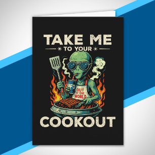Carte Barbecue drôle d'alien rétro grillades dans l'espa
