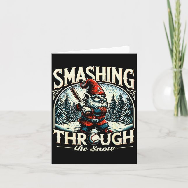 Carte Baseball Player Christmas Gnome, Smashing Through  (Devant)