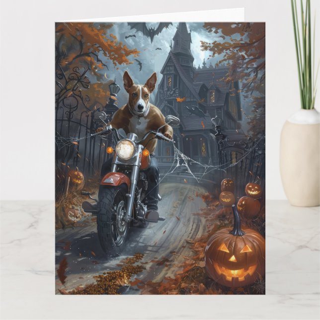 Carte Basenji équitation moto Halloween effrayant (Devant)