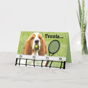 Carte Basset Greeting Card with Tennis Racket and Ball