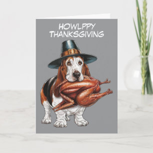 Carte Basset hound avec dinde dans la bouche l'action de