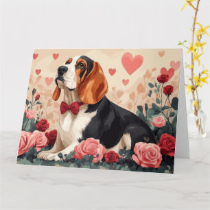 Carte Basset Hound avec Roses - Saint Valentin