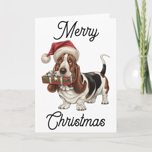 Carte Basset Hound avec un chapeau de Père Noël dans la  (Devant)