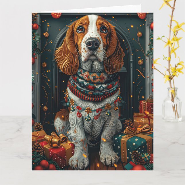 Carte Basset Hound Chien avec cadeaux de Noël cheminée (Fleur jaune)