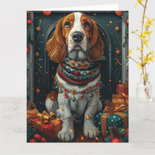 Carte Basset Hound Chien avec cadeaux de Noël cheminée