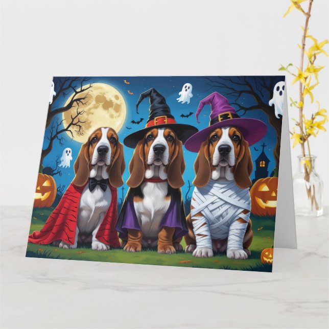 Carte Basset Hound Chiens Citrouille Halloween Funny (Fleur jaune)