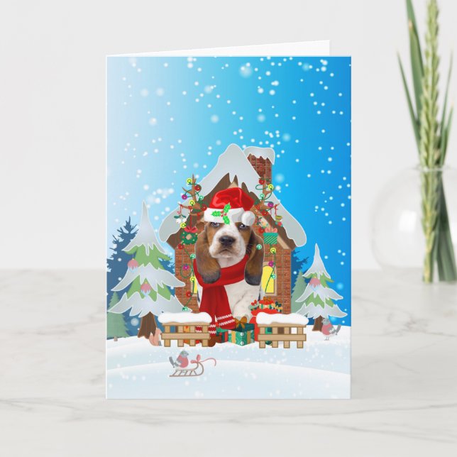 Carte Basset Hound dans la neige avec cadeaux de Noël (Devant)