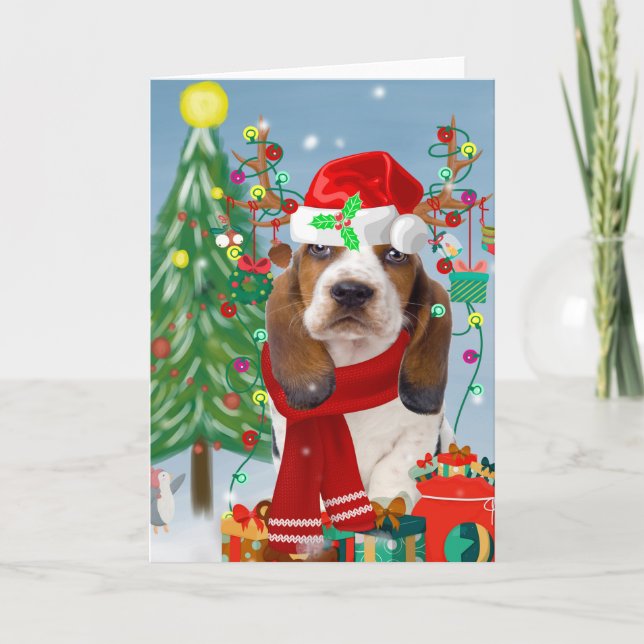 Carte Basset Hound Dog en neige avec cadeaux de Noël (Devant)