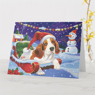 Carte Basset Hound Dog in Sleigh Snow Christmas