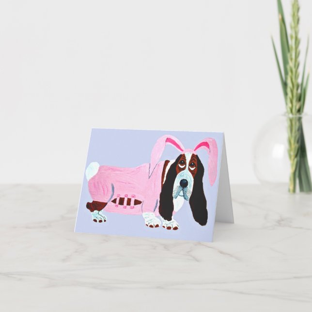 Carte Basset Hound En Costume De Lapin Rose (Devant)