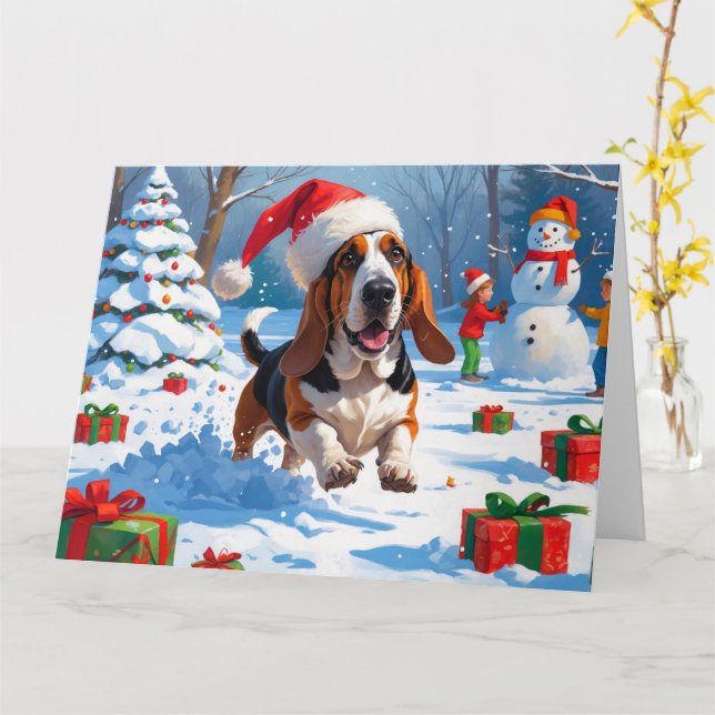 Carte Basset Hound Festive de Noël Scène de neige (Fleur jaune)