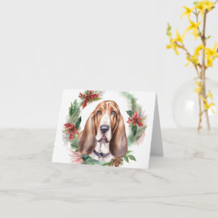 Carte Basset Hound Festive Wreath de Noël Pup