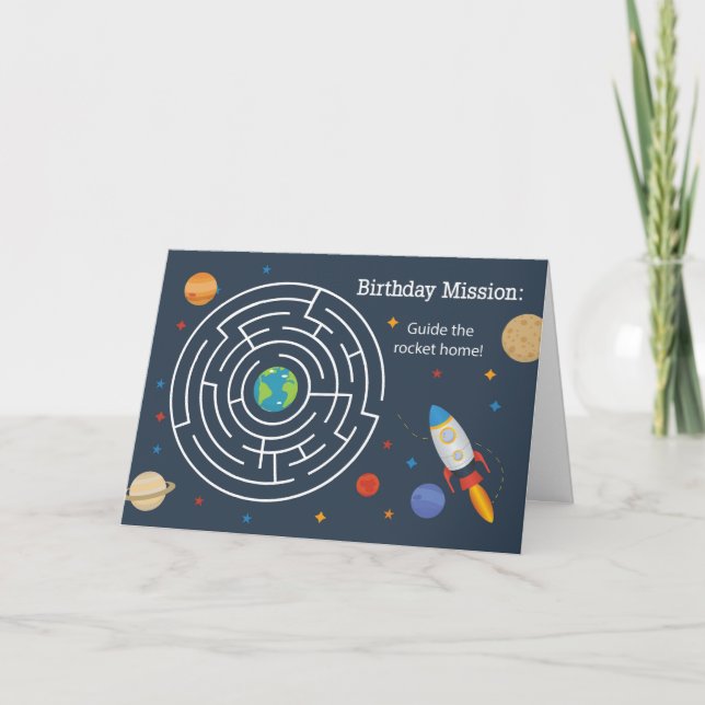 Carte Bateau à fusée Maze Birthday dans l'espace pour en (Devant)